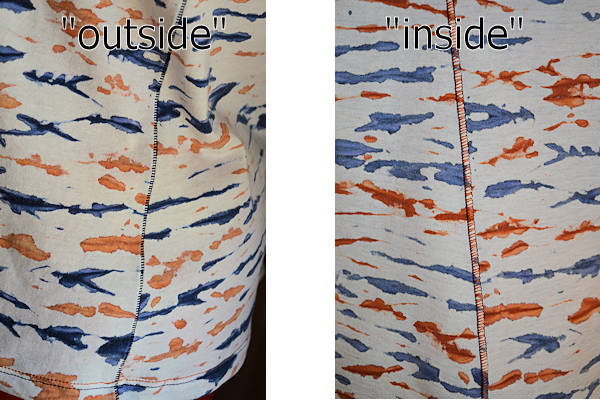 Close-up of flatlockedside seam showing colour differences