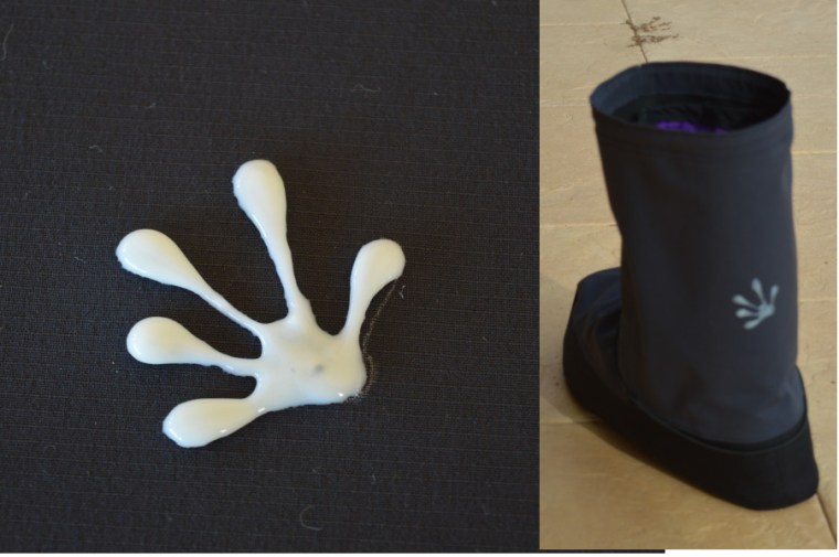 glow in the dark paint.  Treefrog logo with toes pointing left & right to indicate which boot it is